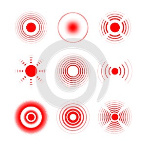 Pain red rings to mark painful woman and man body parts, neck, bones, muscle and headache. Medical vector set of radial