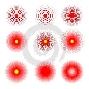 Pain red rings to mark painful woman and man body parts, neck, bones, muscle and headache. Medical vector set of radial