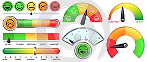 Pain scale meter. Smile and sad emotion measure, no pain and worst pain scales vector set