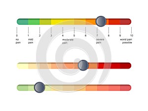Pain scale slider bar. Assessment medical tool. Line horizontal chart indicates pain stages and evaluate suffering. Vector