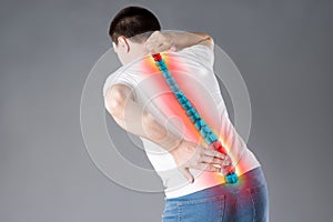 Pain in the spine, a man with backache, injury in the human back, chiropractic treatments concept