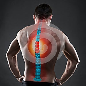 Pain in the spine, a man with backache, injury in the human back, chiropractic treatments concept