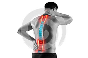Dolore colonna vertebrale uomo mal di schiena un scoliosi isolato su sfondo bianco chiropratico trattamento 