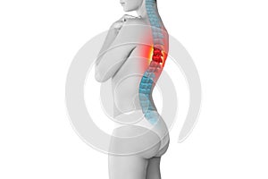 Pain in the spine, a woman with backache, injury in the human back, chiropractic treatments concept isolated on white background