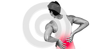 Pain and suffer back with red spot and touching or massaging his back and low back isolated on white background, copy space, black