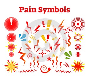 Pain symbols, vector illustration with damage, crash and ache signs.