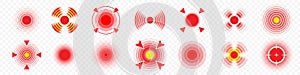 Pain target circle icons, joint, throat or body ache vector symbols. Paint or hurt red spots for neck acute pain, headache