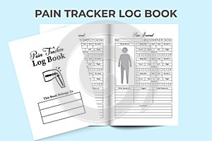 Pain tracker notebook KDP interior. Human body pain tracker and other symptoms tracer log book interior. KDP interior journal. photo