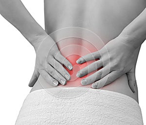 Pain in woman back. Female holding
