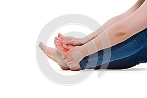 Pain in woman`s legs, massage of female feet isolated on white background