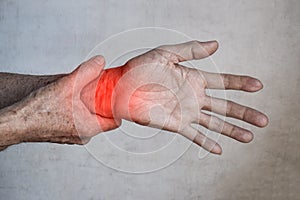 Pain in wrist joint of Asian elder man. Concept of hand pain, rheumatoid arthritis and arm problems