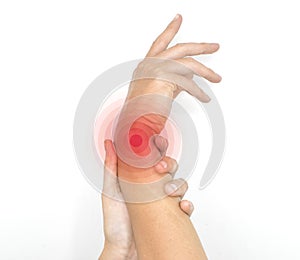 Pain in wrist joint of Asian young man. Concept of hand pain, rheumatoid arthritis and arm problems