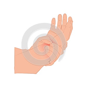 Pain in the wrist, man holding her wrist pain because Ligament in the wrist area, vector illustration concept Disease and