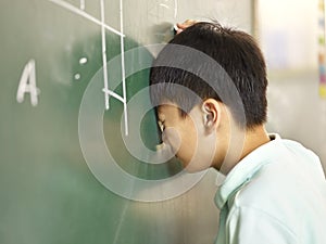 Painful asian pupil banging his head on the blackboard