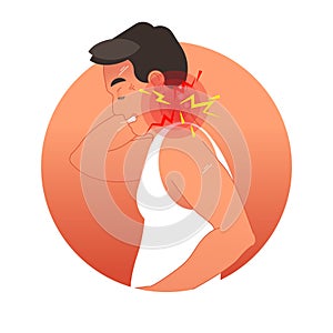 Painful neck concept vector illustration with human torso. Work overload or sports injury.