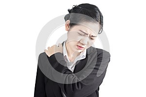 Painful shoulder in a businesswoman isolated on white background. Clipping path on white background.