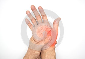 Painful thenar muscle of Asian man. Concept of compartment syndrome, cellulitis and hand muscles pain