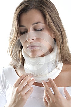 Painful Woman Wearing Cervical Collar