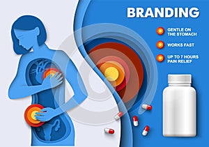 Painkiller drugs medical product branding 3d vector