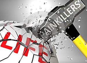 Painkillers and destruction of health and life - symbolized by word Painkillers and a hammer to show negative aspect of