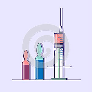 Painkillers injection. Flat style. Medical injection syringe with liquid . Ampule with liquid i