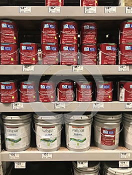 The Paint aisle of a Lowe`s Hardware store