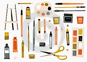 Paint and art supplies. Cartoon artist workplace with canvas easel brush palette and pencil, creative painting tools