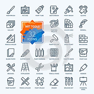 Paint art tools, design - thin line web icon set. Contains such Icons as Spray, Color palette, Paint Bucket and more.