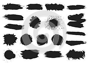 Paint black blobs. Ink splashes, graffiti splatter. Abstract grunge texture, blot silhouettes vector set