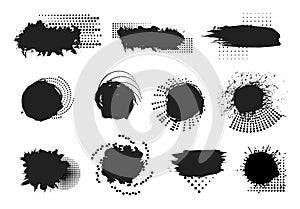 Paint blobs, black ink spots splash and brush stroke. Dirty grunge stains stencils with halftone dotted elements