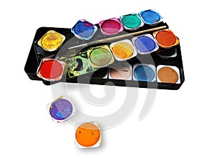 Paint box, with splatters of paint, multicolored
