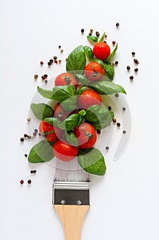 Paint brush and dab of ketchup ingredients for cooking sauce: tomato, basil, pepper, salt. Food art concept.