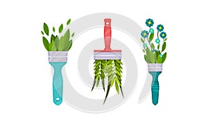 Paint Brush with Grass and Flowers Rested in It Vector Set