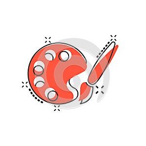 Paint brush icon in comic style. Palette cartoon vector illustration on white isolated background. Painter instrument splash