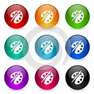 Paint brush, palette, art icon set, colorful glossy 3d rendering ball buttons in 9 color options for webdesign and mobile