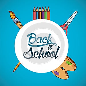 Paint brush palette scissor and colored pencils of back to school vector design