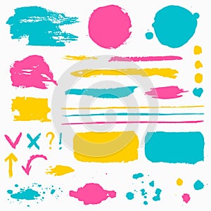 Paint brush strokes, grunge stains and symbols. Vector collection