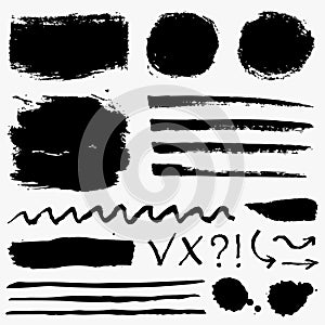 Paint brush strokes, grunge stains and symbols. Vector collection