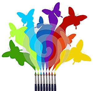 Paint brushes and colored butterflies rainbow