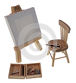 Paint Brushes and Paint with Easel and canvas