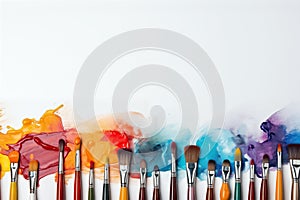 Paint brushes and paints on a white background with copy space