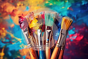 Paint brushes and palette of paints on a colorful abstract background, Colorful artist brushes and paint, AI Generated