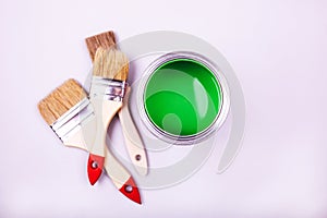 Paint brushes placed on top of can filled with green paint