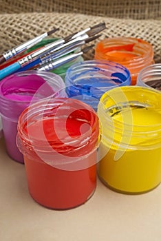 Paint buckets and brush photo