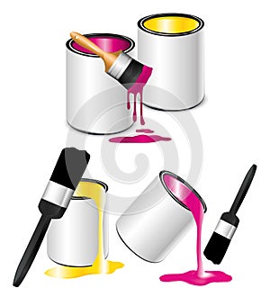 Paint buckets set with brushes. Vector icons.