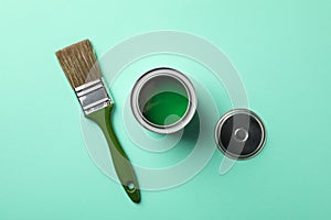 Paint can and brush on green background