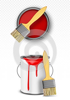Paint can with brush, tin bucket with red drops