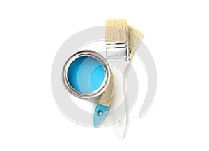 Paint can and brushes isolated on background