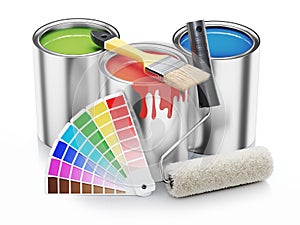 Paint cans, brush, roller and color palette 3D