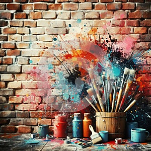 Paint cans and brushes on an old brick wall background with colorful paint splatters